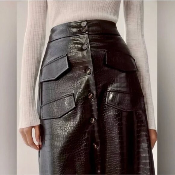 Anthropologie Mare Mare Black Faux Leather Crocodile Skirt Plus 2X NWOT - Picture 1 of 9
